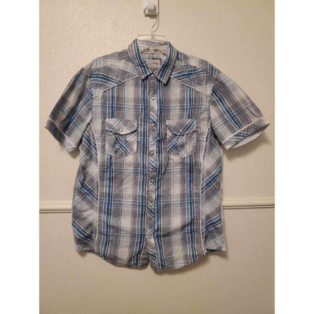 Vintage 7 Diamonds Shirt Men L Blue Plaid Short Sleeve Pearl Snap Button Western